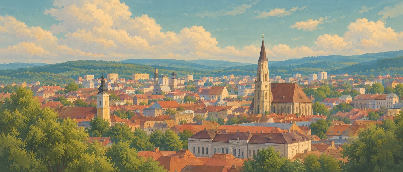 A painting of Cluj, Romania: red roofs, the cathedral spire, green hills under a summer sky